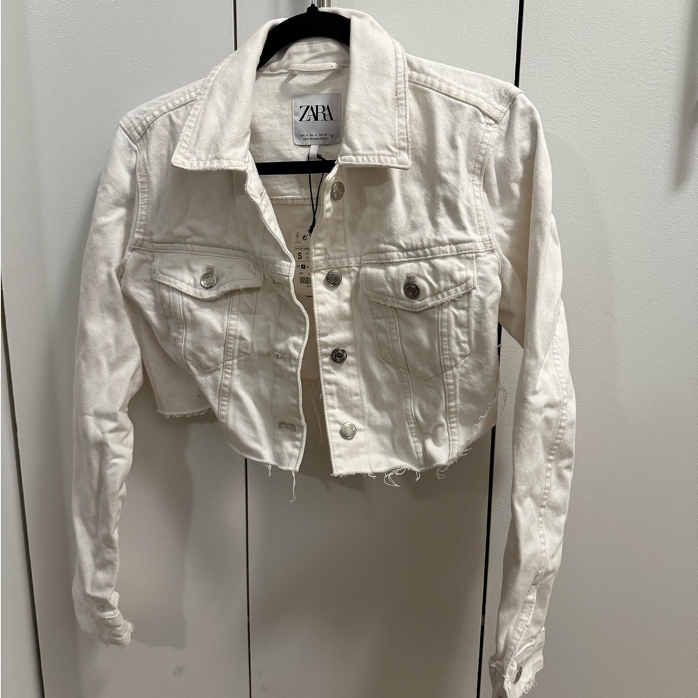 Zara Women's White Cropped Denim Jacket